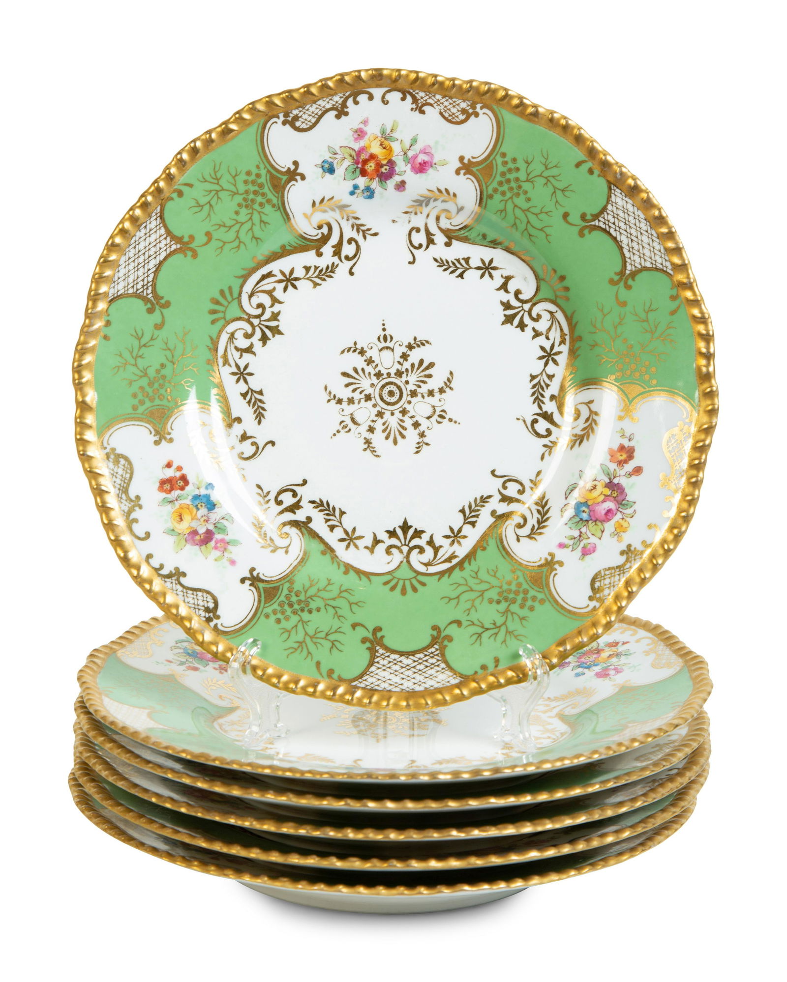 A Set of Six Coalport Panel Green Porcelain Plates (1 of 3)