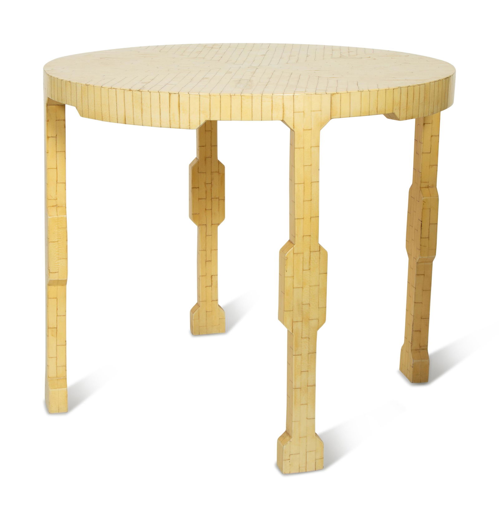 A Mid-Century Modern Tesselated Bone Veneered Circular: A Mid-Century Modern Tesselated Bone Veneered Circular Table in the Style of Karl Springer Circa 1970 Height 30 3/4 x diameter 36 inches.
