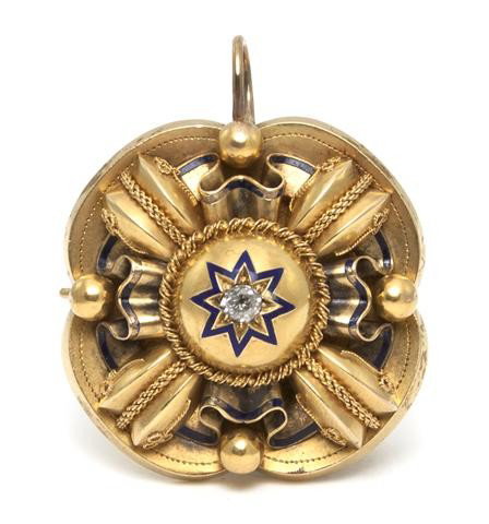 A Victorian Yellow Gold, Diamond and Enamel Pendant: A Victorian Yellow Gold, Diamond and Enamel Pendant, containing one old mine cut diamond weighing approximately 0.20 carat set within a domed central section with dark blue enamel accents bordered by 