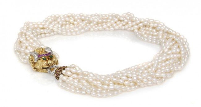 A 14 Karat Yellow Gold, Emerald, Ruby, Sapphire, D: A 14 Karat Yellow Gold, Emerald, Ruby, Sapphire, Diamond and Biwa Pearl Dragon Torsade, consisting of a 12 strands of biwa pearls measuring approximately 4.30 mm in diameter strung knotted with a gold