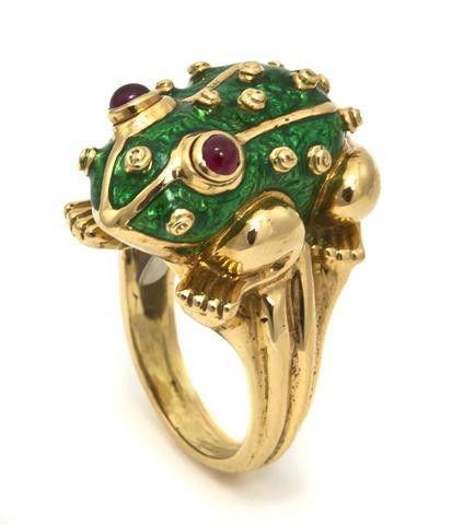 An 18 Karat Yellow Gold, Ruby and Enamel Frog Ring: An 18 Karat Yellow Gold, Ruby and Enamel Frog Ring, David Webb, containing two round cabochon cut ruby eyes, accented with guilloche green enamel, measures approximately 24.00 x 19.00 mm. Stamp: WEBB