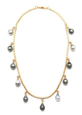 A 22 Karat Yellow Gold, Diamond and Cultured Tahit: A 22 Karat Yellow Gold, Diamond and Cultured Tahitian Pearl Necklace, Gurhan, containing 11 baroque drop shape pearls measuring approximately 8.60 - 9.20 mm in diameter and two round brilliant cut dia