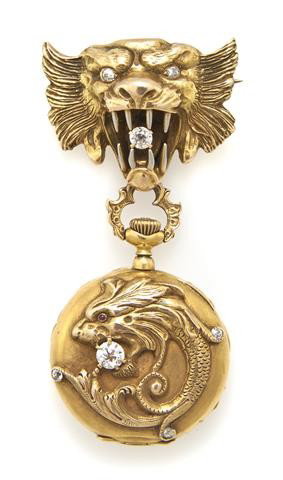A Yellow Gold and Diamond Lapel Watch, C.D. Peacoc: A Yellow Gold and Diamond Lapel Watch, C.D. Peacock, Circa 1900, consisting of a reversible open face 14 karat yellow gold watch signed Waltham, case measuring approximately 29.00 mm in diameter, with
