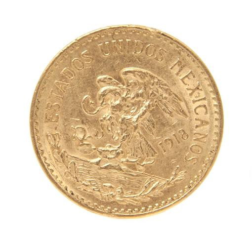 A Group of Coins, 27.55 dwts.: A Group of Coins, including a 1918 Mexican 20 peso gold coin and a 1967 Israeli Victory silver coin. Gold coin: 10.75 dwts. Silver coin: 16.80 dwts. 27.55 dwts. Property from the Estate of Bernice S. 