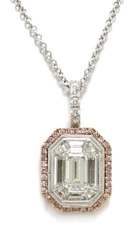An 18 Karat Two Tone Gold, White and Pink Diamond: An 18 Karat Two Tone Gold, White and Pink Diamond Necklace, Simon G, containing one octagonal step cut diamond weighing approximately 0.35 carat, eight trapezoid shape step cut diamonds weighing appro
