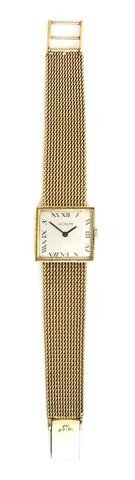 A 14 Karat Yellow Gold Mechanical Wristwatch, LeCo: A 14 Karat Yellow Gold Mechanical Wristwatch, LeCoultre, 25.00 x 24.00 case measurements, matte silvered dial, Roman numerals, black baton hands, rectangular polished case, snap on case back, crown wi