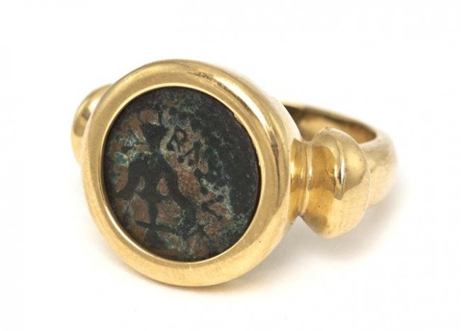 An 18 Karat Gold and Ancient Coin Ring, 8.15 dwts.: An 18 Karat Gold and Ancient Coin Ring, measuring approximately 16.75 mm in diameter. Stamp: 18K. Size 7. 8.15 dwts. Property of a Lady, Palm Beach, Florida