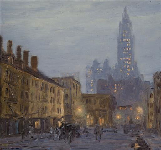 Everett Longley Warner, (American, 1877-1963), New Y: Everett Longley Warner (American, 1877-1963) New York at Night oil on board signed Everett Warner (lower left) 9 1/4 x 10 inches. Provenance: [with] Cooley Gallery, Old Lyme, C