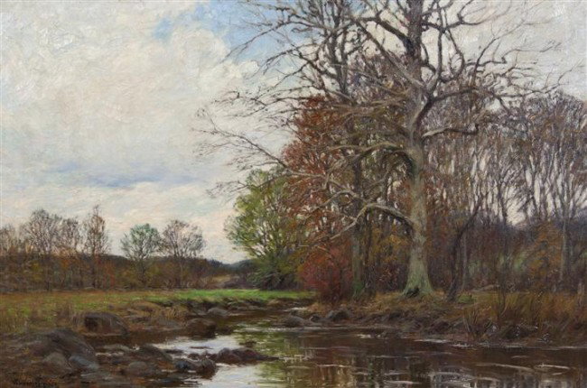 William Merritt Post, (American, 1856-1935), Stream : William Merritt Post (American, 1856-1935) Stream in Autumn oil on canvas signed W. Merritt Post (lower left) 24 x 26 inches.