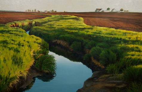 James Winn, (American, b. 1949), Stream through Far: James Winn (American, b. 1949) Stream through Farm Fields (McClean County), 1979 oil on canvas signed Winn and dated (lower left) 48 x 72 1/4 inches. Property from the Estate of Ted a