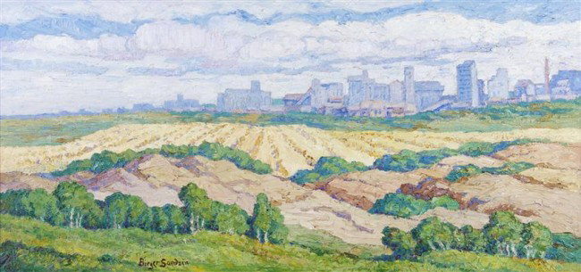 Birger Sandzen, (American, 1871-1954), Heart of Kan: Birger Sandzen (American, 1871-1954) Heart of Kansas oil on board signed Birger Sandzen (lower left) 17 x 36 inches. Ron Michael at the Birger Sandzen Memorial Gallery has kindly