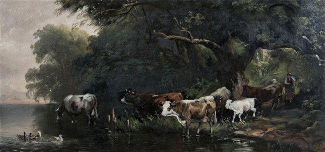 Jacob Cox, (American, 1810-1892), Cows by Stream, 1: Jacob Cox (American, 1810-1892) Cows by Stream, 1880 oil on board signed J. Cox and dated (lower right) 7 x 14 3/4 inches.