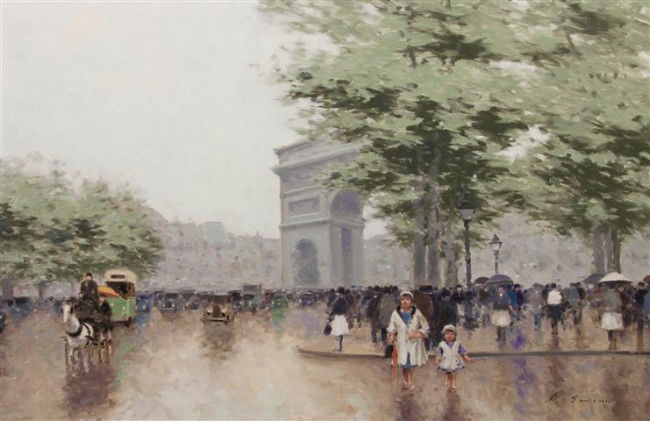 Andre Gisson, (American, 1928-2003), Along the Cham: Andre Gisson (American, 1928-2003) Along the Champs Elysees oil on canvas signed A. Gisson (lower right) 24 x 36 inches. Property from the Estate of Naomi T. Borwell, Chicago, Illinoi