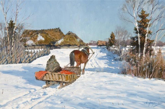 Andrei Afanasievich Jegorov, (Russian, 1878-1954),: Andrei Afanasievich Jegorov (Russian, 1878-1954) Sleigh Ride gouache on paper signed A. Jegorov (lower right) 12 1/2 x 18 1/2 inches.