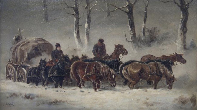 Jan Wolski, (Polish, 1907-1990), A Stop in the Sno: Jan Wolski (Polish, 1907-1990) A Stop in the Snow oil on canvas signed J. Wolski (lower left) 10 x 18 inches.