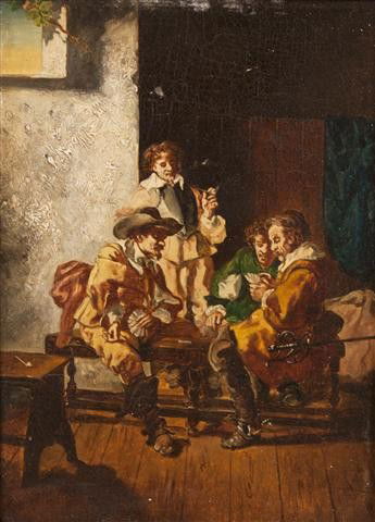 Jean Charles Meissonier, (French, 1848-1917), Cava: Jean Charles Meissonier (French, 1848-1917) Cavaliers oil on board signed Meissonier, FTC (lower left) 11 x 8 1/4 inches.