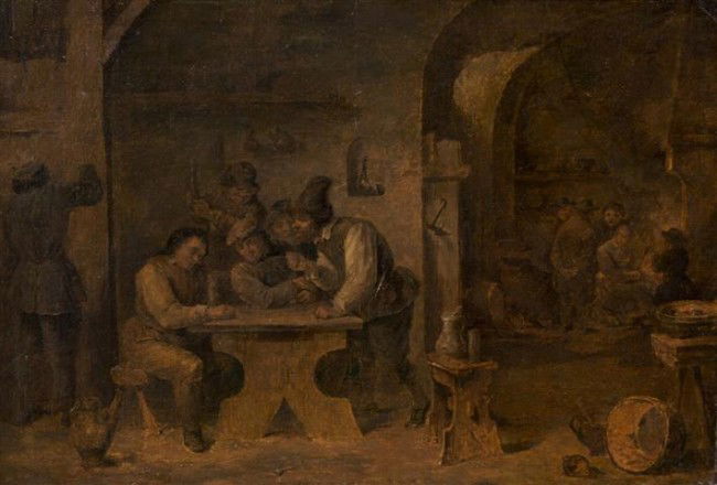 Dutch School, (18th Century), Tavern Scene: Dutch School (18th Century) Tavern Scene oil on canvas 14 x 19 inches.