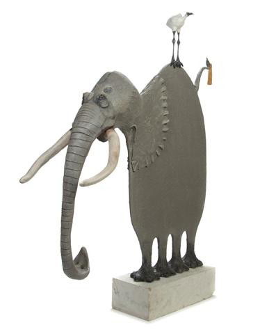 Todd Warner, (American, b. 1945), Elephant with Bi: Todd Warner (American, b. 1945) Elephant with Bird mixed media Height: 55 inches.