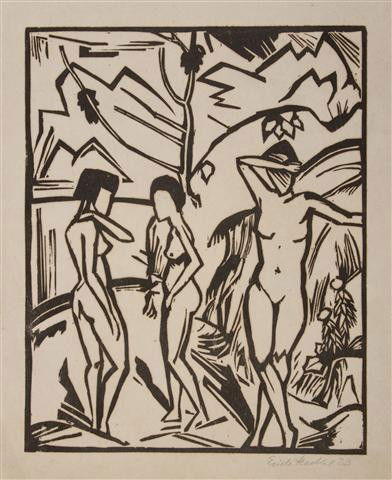 Erich Heckel, (German, 1883-1970), Drei Frauen am: Erich Heckel (German, 1883-1970) Drei Frauen am Wasser, 1923 woodcut signed Erich Heckel and dated (lower right) 15 3/4 x 12 1/2 inches. Property from the Estate of John and Valere Bu