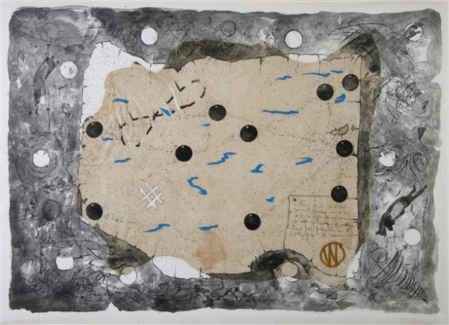 William T. Wiley, (American, b. 1937), Untitled, 1: William T. Wiley (American, b. 1937) Untitled, 1972 lithograph with collage printer's proof, signed and dated (lower right) 30 x 43 1/2 inches.