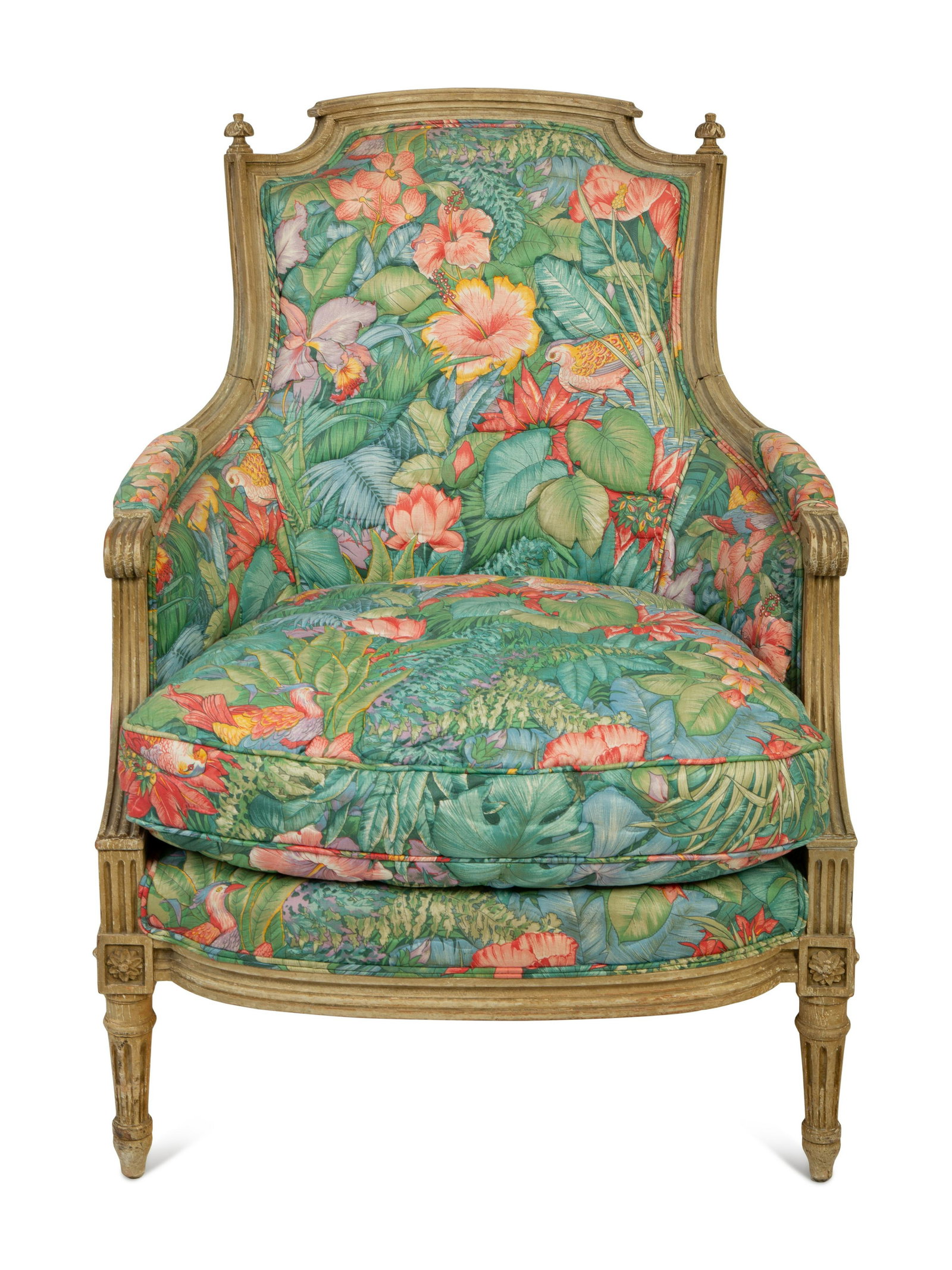 A Louis XVI Style Painted Bergere Height 36 x widh 27 x: A Louis XVI Style Painted Bergere LATE 19TH CENTURY Height 36 x widh 27 x depth 27 inches.