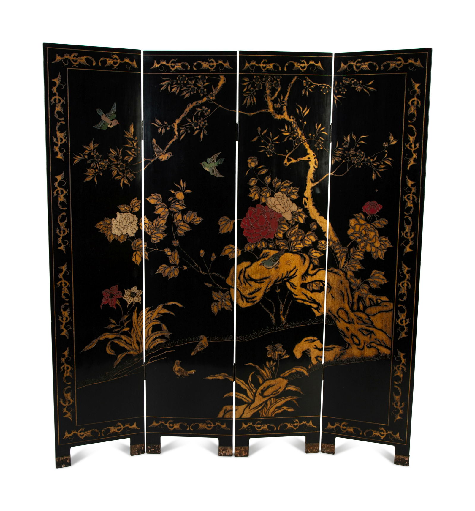 A Chinese Lacquered Four Panel Floor Screen Each panel (1 of 3)