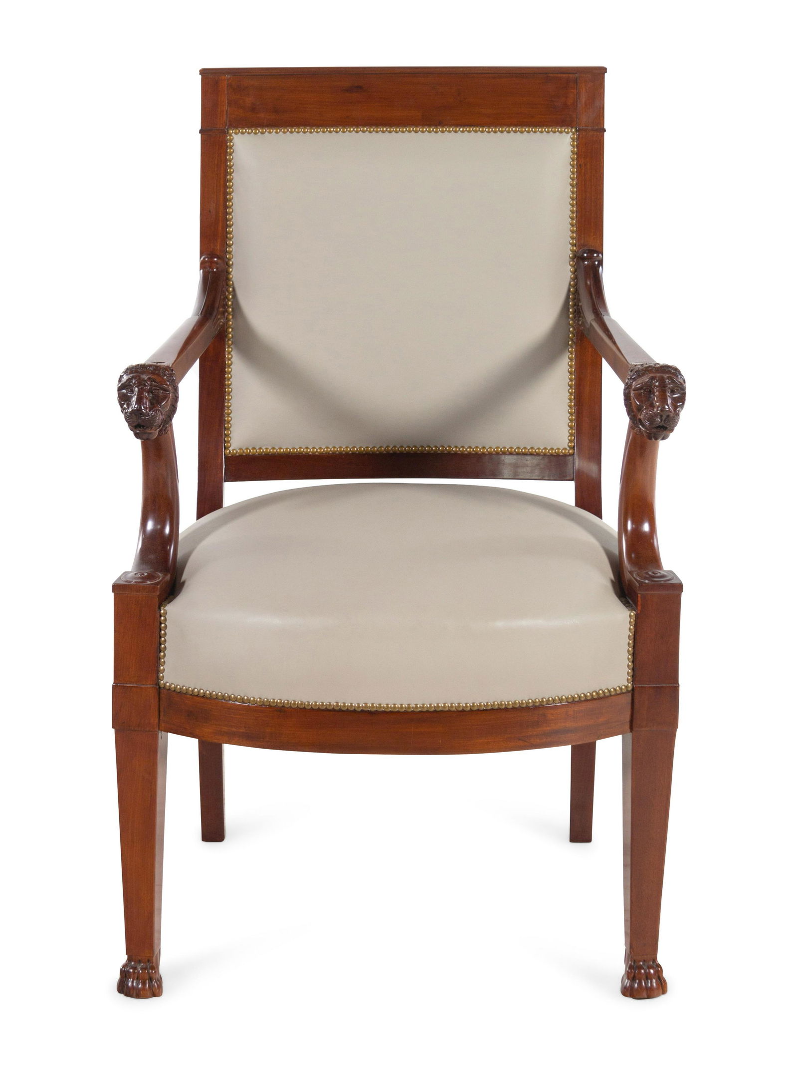 A Consulat Mahogany Lion-Head Fauteuil by Jacob Freres: A Consulat Mahogany Lion-Head Fauteuil by Jacob Freres Circa 1800 faintly stamped Jacob Freres to the seat rail. Height 36 x width 24 x depth 19 inches. Provenance: Acquired as part of an eleven-piece