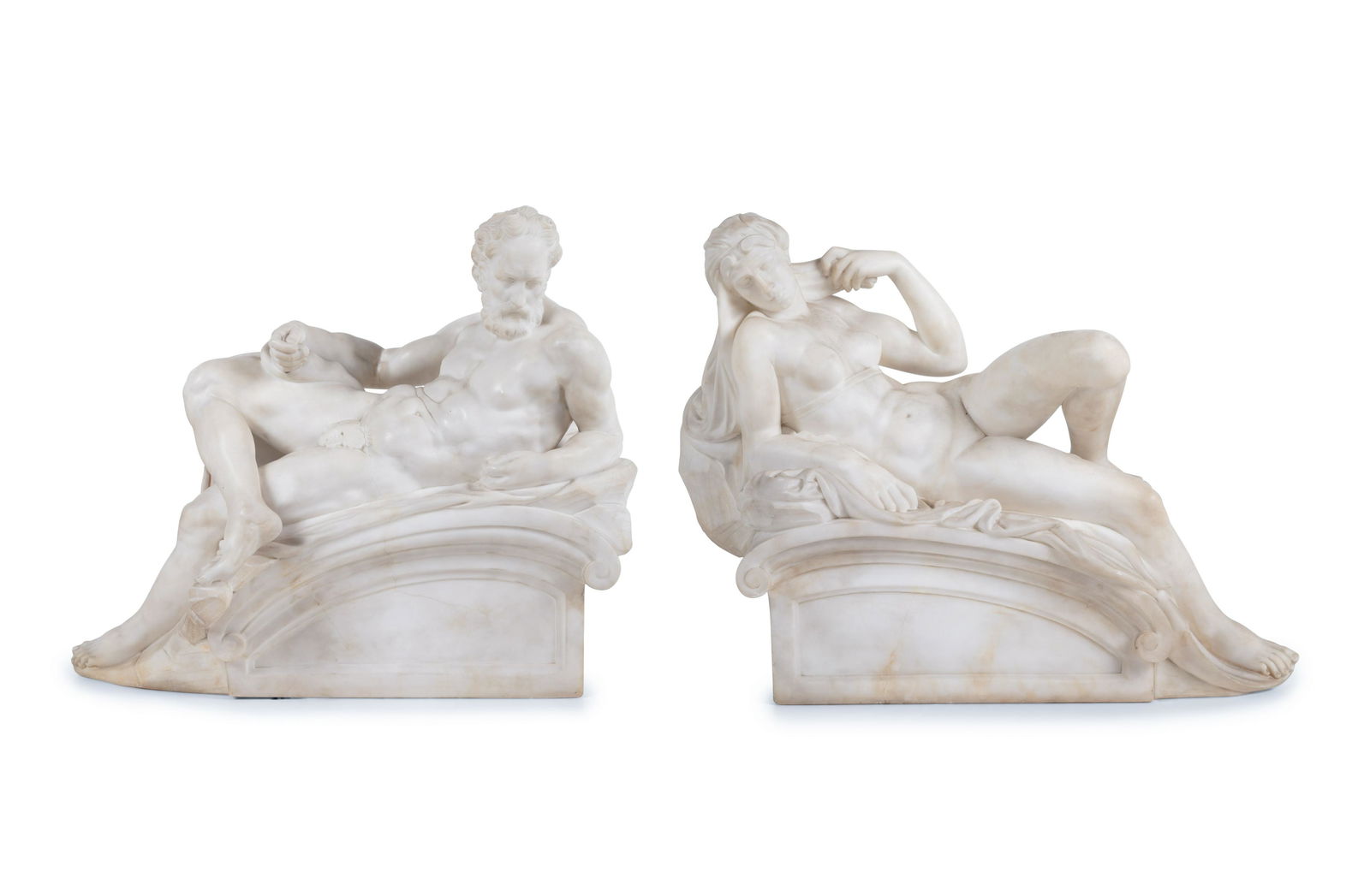 A Pair of Carved Alabaster Figures of Dusk and Dawn, (1 of 9)