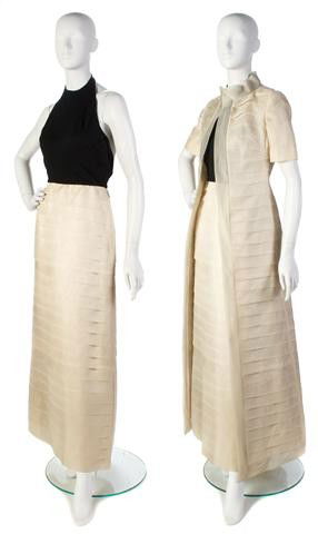 A Bill Blass Cream Silk Organza Evening Ensemble,: A Bill Blass Cream Silk Organza Evening Ensemble, dress with a jersey top, multi layer skirt, matching duster coat with belt. Labeled: Bill Blass. Property of a Lady New York City, New York
