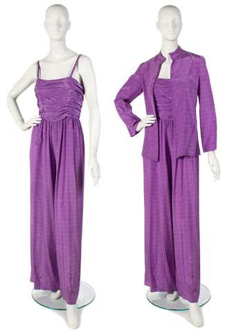 A Bill Blass Purple Silk Evening Jump Suit,: A Bill Blass Purple Silk Evening Jump Suit, with a ruched bodice, matching jacket. Labeled: Bill Blass. Property of a Lady New York City, New York