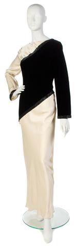 A Bill Blass Black Velvet and Cream Silk Evening En: A Bill Blass Black Velvet and Cream Silk Evening Ensemble, with diagonal beading. Labeled: Bill Blass. Property of a Lady New York City, New York