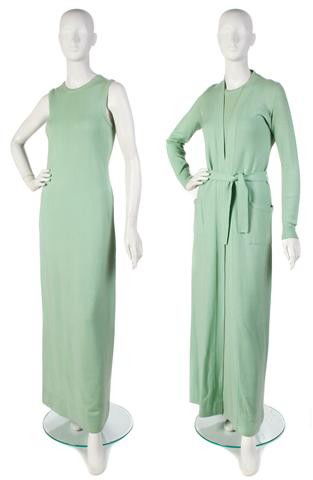 A Halston Mint Green Cashmere Evening Ensemble,: A Halston Mint Green Cashmere Evening Ensemble, straight fit dress with matching full length jacket. Labeled: Halston. Property of a Lady New York City, New York