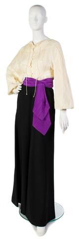 A Donald Brooks Cream and Black Evening Ensemble,: A Donald Brooks Cream and Black Evening Ensemble, with a pleated blouse, purple silk belt, black crepe skirt. Labeled: Donald Brooks. Property of a Lady New York City, New York