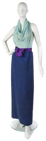 A Bob Bugnand Blue Wool and Aqua Silk Chiffon Eveni: A Bob Bugnand Blue Wool and Aqua Silk Chiffon Evening Gown, with purple satin belt. Labeled: Bob Bugnand. Property of a Lady New York City, New York