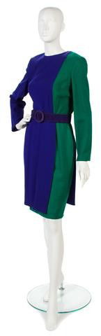 A Bill Blass Purple and Green Wool Dress.: A Bill Blass Purple and Green Wool Dress. Labeled: Bill Blass. Property of a Lady New York City, New York