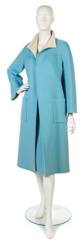 A Bill Blass Blue and Cream Wool Coat,: A Bill Blass Blue and Cream Wool Coat, together with a matching skirt. Labeled: Bill Blass. Property of a Lady New York City, New York