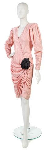 An Ungaro Pink Silk Dress,: An Ungaro Pink Silk Dress, with a black flower at hip. Labeled: Emanuel Ungaro.