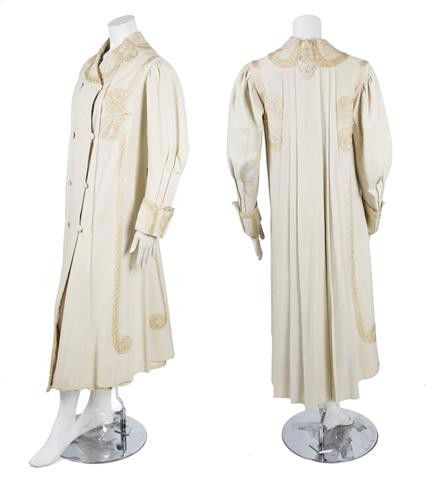 A James McCreery Edwardian Beige Wool Coat,: A James McCreery Edwardian Beige Wool Coat, circa 1905, with soutache and passamenterie throughout, with sewn box pleats at back and cuffs, seam openings at hips, fully lined. Labeled: James McCreery