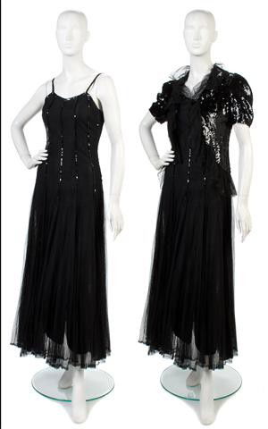 A Molyneux Black Tulle and Sequin Evening Ensemble: A Molyneux Black Tulle and Sequin Evening Ensemble, probably 1940s, sleeveless dress with sequin straps, vertical sequin detail, flared skirt, cropped sequin jacket with structural shoulders, tulle ed