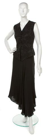 An Oscar de la Renta Black Two-Piece Evening Ensem: An Oscar de la Renta Black Two-Piece Evening Ensemble, vest style top with all-over beading and embroidery in a floral motif, black silk chiffon skirt with asymmetric hemline. All labeled: Oscar de la
