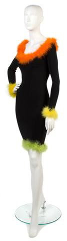 A Jean Paul Gaultier Neon Feather Trim Dress, Size: A Jean Paul Gaultier Neon Feather Trim Dress, very fitted. Labeled: Junior Gaultier. Size 42.