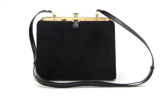 A Judith Leiber Black Suede Bag, 9 x 7 inches.: A Judith Leiber Black Suede Bag, with an adjustable black lizardskin strap. Stamped: Judith Leiber. 9 x 7 inches. Property from the Estate of Naomi T. Borwell, Chicago, Illinois