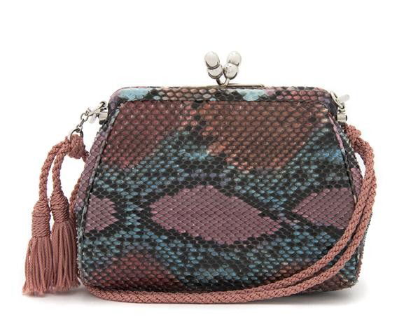 A Judith Leiber Multicolor Snakeskin Bag, 6 x 4 in: A Judith Leiber Multicolor Snakeskin Bag, with pink rope strap. Stamped: Judith Leiber. 6 x 4 inches. Property from the Estate of Naomi T. Borwell, Chicago, Illinois