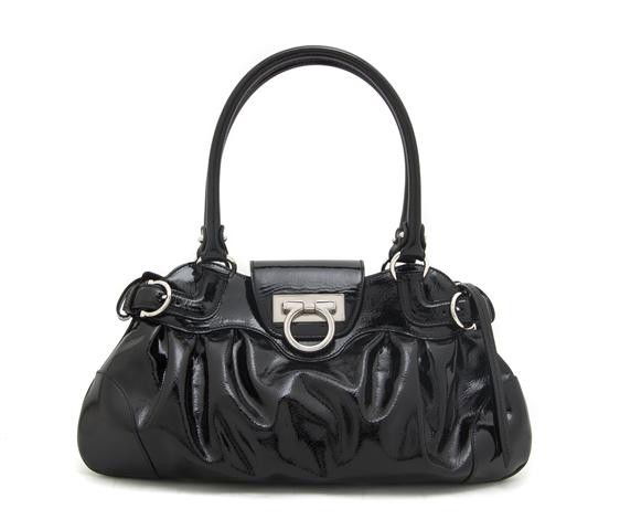 A Ferragamo Black Patent Leather Bag. 14 x 7 inche: A Ferragamo Black Patent Leather Bag. Stamped: Ferragamo. 14 x 7 inches. Property from the Estate of Naomi T. Borwell, Chicago, Illinois