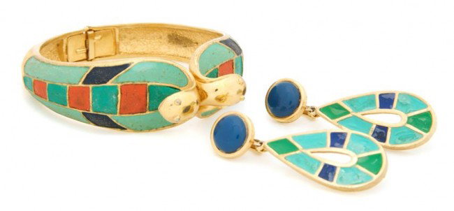 A Hattie Carnegie Green Enamel Snake Hinge Bracele: A Hattie Carnegie Green Enamel Snake Hinge Bracelet, together with matching earclips. Stamped: Hattie Carnegie. Property from the Di Santacroce Collection, Palm Beach, Florida