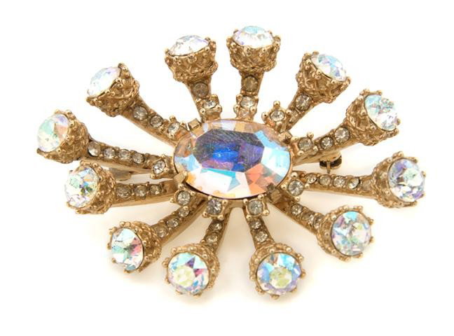 A Hattie Carnegie Iridescent Rhinestone Brooch.: A Hattie Carnegie Iridescent Rhinestone Brooch. Stamped: Hattie Carnegie. Property from the Di Santacroce Collection, Palm Beach, Florida