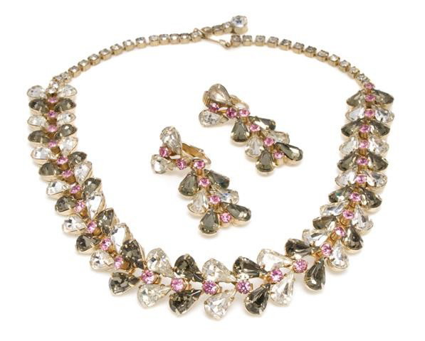 A Hattie Carnegie Pink, Topaz and Diamond Rhinesto: A Hattie Carnegie Pink, Topaz and Diamond Rhinestone Suite, comprised of earclips and a necklace. Stamped: Hattie Carnegie. Property from the Di Santacroce Collection, Palm Beach, Florida