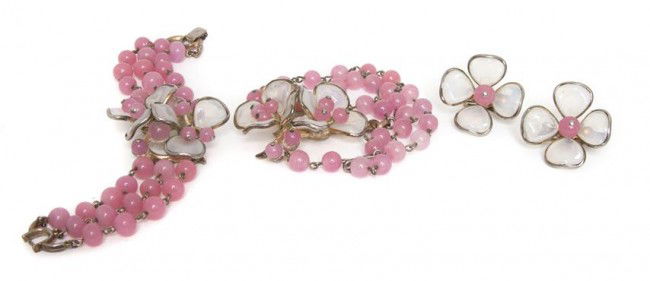 A Trifari Floral Poured Glass Suite,: A Trifari Floral Poured Glass Suite, with pink beads, comprised of a necklace, bracelet and earclips. Stamped: Trifari. Property from the Di Santacroce Collection, Palm Beach, Florida
