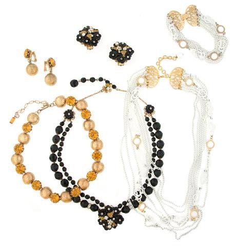 A Group of Three Suites of Jewelry,: A Group of Three Suites of Jewelry, comprised of a Kramer necklace and earclips, a Monet necklace and bracelet and a Demario necklace and earclips. Property from the Di Santacroce Collection, Palm Bea