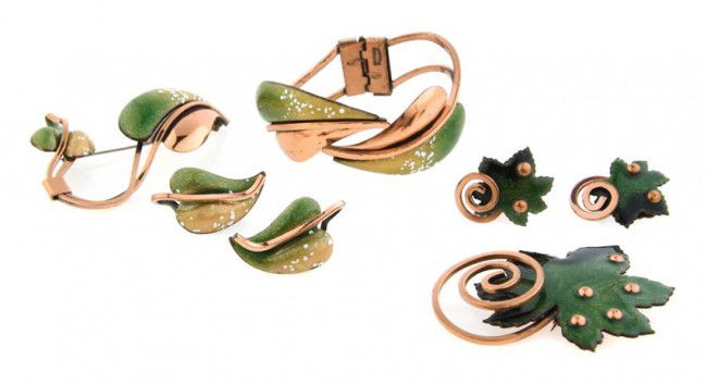 A Group of Renoir Matisse Copper Leaf Jewelry,: A Group of Renoir Matisse Copper Leaf Jewelry, comprised of a bracelet, two brooches and two earclips. Stamped: Matisse. Property from the Di Santacroce Collection, Palm Beach, Florida